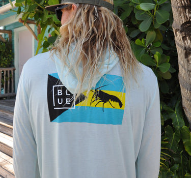 Back view of Bahamas Lobster UV hoodie featuring coastal island inspired artwork and performance fabric