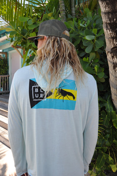 Back view of Bahamas Lobster UV hoodie featuring coastal island inspired artwork and performance fabric