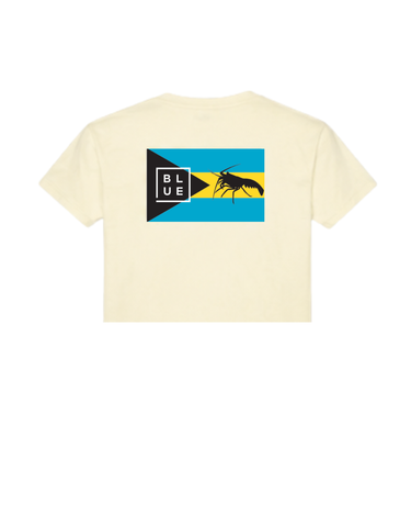 Cream Bahamas Lobster Women’s Crop Tee from Blueline Surf & Paddle Co. featuring vibrant Bahamas-inspired lobster artwork and relaxed coastal style.