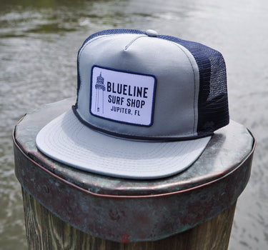 Gray Beacon Canvas Rope Hat from Blueline Surf & Paddle Co. featuring breathable mesh backing, rope detail, and custom surf shop patch inspired by the Jupiter Florida coastal lifestyle.