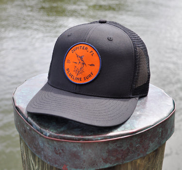 Black marlin performance snapback hat designed for fishing boating and beach days in Jupiter Florida