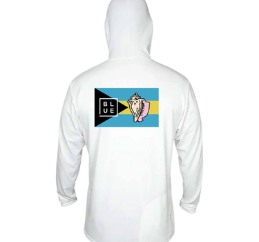 Back view of Blueline Surf & Paddle Co. Bahamas Flag Conch Shell Tech Hoody — lightweight performance hoodie with UPF sun protection, inspired by island life and designed in Jupiter, Florida.