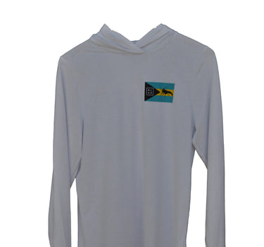 Blueline Bahamas Lobster Hooded UV Sun Shirt in White featuring Bahamas flag and lobster artwork on lightweight Ocean Tec performance fabric.