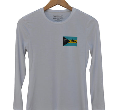 Blueline Bahamas Lobster Women's UV Sun Shirt in White featuring Bahamas flag and lobster artwork on lightweight Ocean Tec performance fabric.