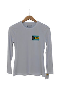Blueline Bahamas Lobster Women's UV Sun Shirt in White featuring Bahamas flag and lobster artwork on lightweight Ocean Tec performance fabric.
