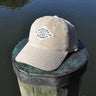 Blueline diamond corduroy hat in bone cream with navy patch photographed in Jupiter Florida