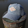 Blueline diamond corduroy hat in cadet blue with cream and maroon patch photographed in Jupiter Florida