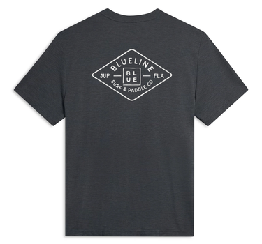 Back view of the Charcoal Blueline Diamond Ghostlite short sleeve sun shirt, highlighting the custom technical logo and the high-performance 90gsm VINT cooling poly weave.