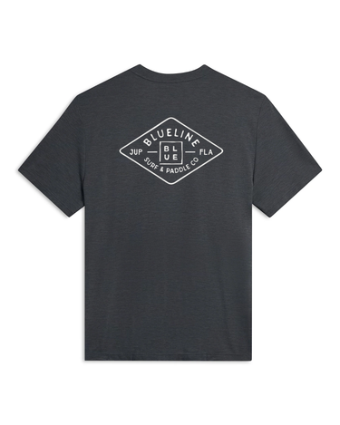 Back view of the Charcoal Blueline Diamond Ghostlite short sleeve sun shirt, highlighting the custom technical logo and the high-performance 90gsm VINT cooling poly weave.