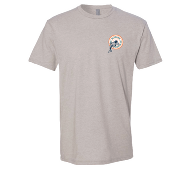 Gray t-shirt with a blueline surf and dolphins logo on the chest.