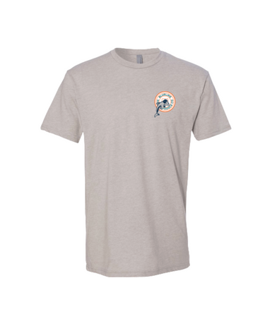 Gray t-shirt with a blueline surf and dolphins logo on the chest.