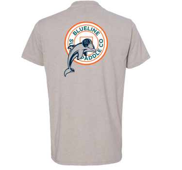 Blueline Surf & Paddle dolphin circle logo t-shirt in silk color featuring a jumping dolphin graphic on the back and small chest logo on the front