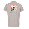 Blueline Surf & Paddle dolphin circle logo t-shirt in silk color featuring a jumping dolphin graphic on the back and small chest logo on the front