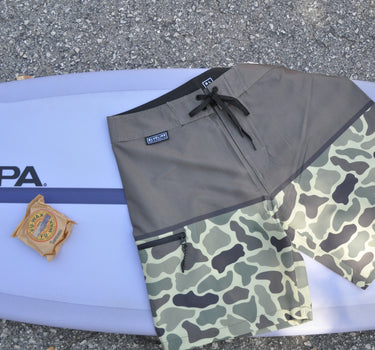 Blueline Firefly performance boardshorts in Green and Duck Camo