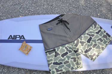 Blueline Firefly performance boardshorts in Green and Duck Camo