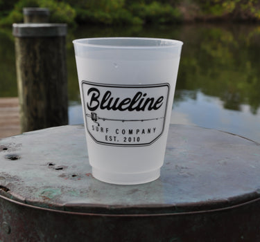 Blueline Surf & Paddle Fishing Pole reusable frosted plastic cup with fishing rod design – 16 oz eco-friendly drinkware from Jupiter, Florida surf shop.