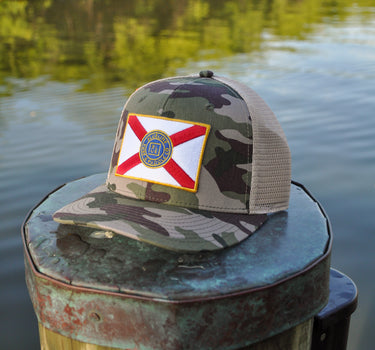 Blueline Florida Flag Performance Hat in Army Camo with breathable perforated side panels and embroidered Florida flag patch.