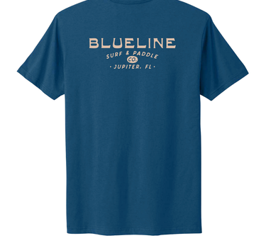 Blueline Frontier T-Shirt in Cool Blue featuring a Blueline Surf and Paddle Co. graphic on the back.