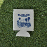 Natural neoprene Blueline gator lasso logo koozie with navy print displayed on grass