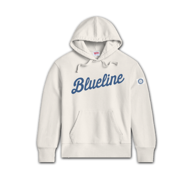 White Blueline hoodie with embroidered script logo on the chest displayed on a transparent background