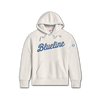 White Blueline hoodie with embroidered script logo on the chest displayed on a transparent background