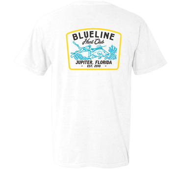 Back of the Blueline Hogfish Hunt Club T-Shirt in white featuring original Hogfish Hunt Club artwork inspired by Florida spearfishing and offshore adventures.