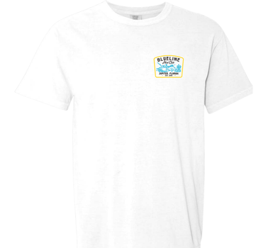 Front of the Blueline Hogfish Hunt Club T-Shirt in white featuring the Blueline Surf & Paddle Co. chest logo. Printed on a premium Independent Trading Co. t-shirt.