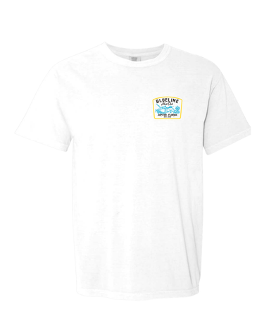 Front of the Blueline Hogfish Hunt Club T-Shirt in white featuring the Blueline Surf & Paddle Co. chest logo. Printed on a premium Independent Trading Co. t-shirt.