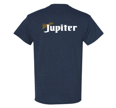 Back view of a heather navy Blueline Jupiter Lite T-shirt with Blueline and Jupiter text across the shoulders.