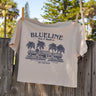 Women's Blueline Jupiter Shop Crop T-Shirt in bone featuring a pale navy coastal surf shop graphic inspired by Jupiter, Florida.