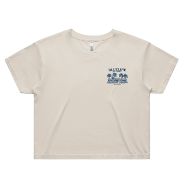 Front view of Blueline Jupiter Shop Crop T-Shirt in bone with pale navy Jupiter shop artwork.