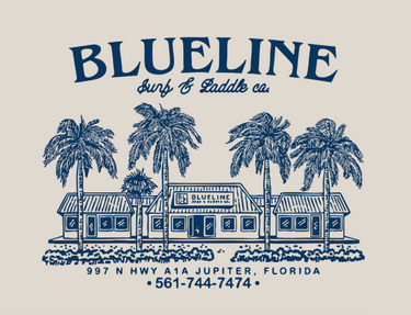 Blueline Jupiter Shop graphic featuring palm trees and coastal Jupiter Florida artwork in pale navy.