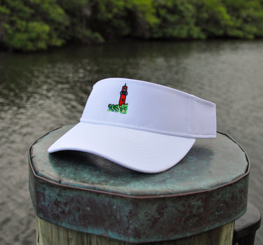 Blueline Lighthouse Visor in White featuring the embroidered Jupiter Lighthouse logo, designed for paddleboarding, boating, golf, and everyday coastal living.