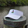 Blueline Lighthouse Visor in White featuring the embroidered Jupiter Lighthouse logo, designed for paddleboarding, boating, golf, and everyday coastal living.