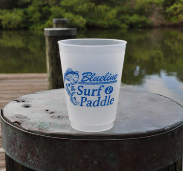 Blueline Surf & Paddle Mahi Logo reusable frosted plastic cup with colorful mahi mahi fish design – 16 oz eco-friendly drinkware from Jupiter, Florida surf shop.