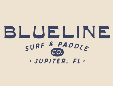Close-up of the Blueline Surf & Paddle Co. left chest logo printed on the natural Marlin Cowgirl T-Shirt, designed in Jupiter, Florida.
