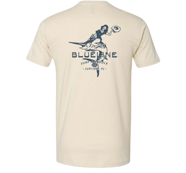 Blueline Marlin Cowgirl T-Shirt in natural featuring original marlin and cowgirl artwork inspired by offshore fishing and coastal life in Jupiter, Florida.