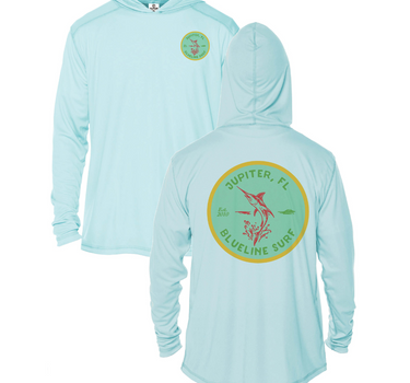 Light blue Blueline Marlin UV sun hoodie showing front and back views with marlin graphic, designed for sun protection on the water.