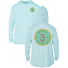 Light blue Blueline Marlin UV sun hoodie showing front and back views with marlin graphic, designed for sun protection on the water.