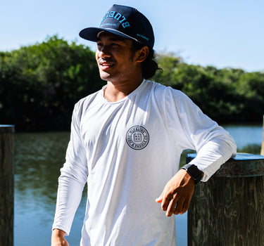 Blueline OG Circle UV Long Sleeve Sun Shirt – White / Gray, worn in Jupiter, Florida