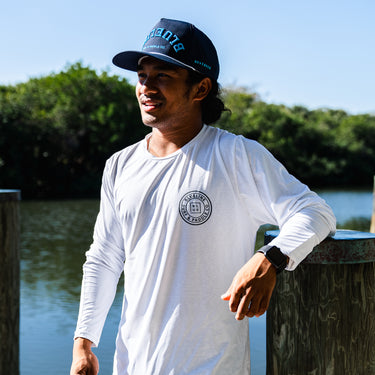 Blueline OG Circle UV Long Sleeve Sun Shirt – White / Gray, worn in Jupiter, Florida