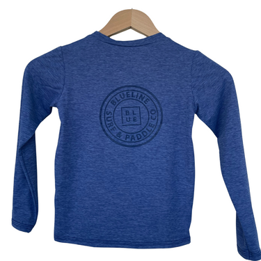 Back view of the Blueline OG Logo Kids UV Long Sleeve in Denim featuring the large Blueline OG logo.