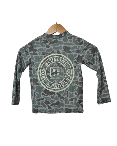Back view of the Blueline OG Logo Kids UV Long Sleeve in Heather Green Camo featuring the large Blueline OG logo.