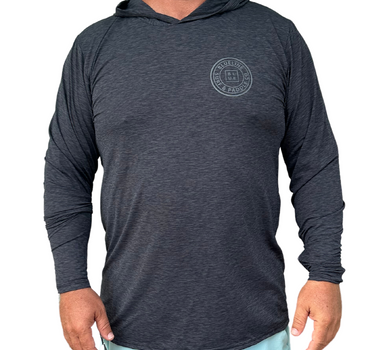 Blueline OG Logo UV Hood Charcoal Gray lightweight performance sun hoodie for boating paddleboarding beach days and Florida outdoor adventures