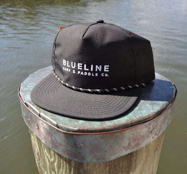 Blueline rope hat in black and white with embroidered logo by Jupiter Florida surf shop Blueline Surf and Paddle