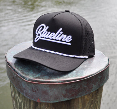 Blueline Script Hat black and white snapback coastal hat from surf shop in Jupiter Florida