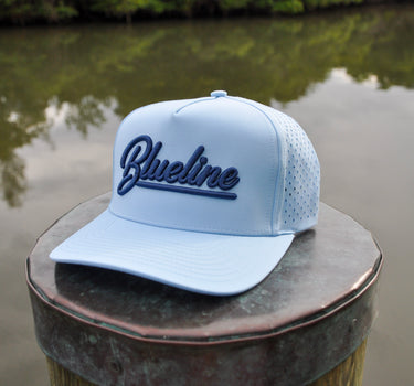 Blueline Script Hat light blue and navy coastal trucker hat from surf shop in Jupiter Florida
