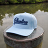Blueline Script Hat light blue and navy coastal trucker hat from surf shop in Jupiter Florida