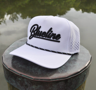 Blueline Script Hat white and black snapback coastal hat from surf shop in Jupiter Florida