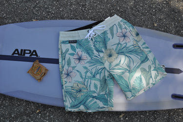Blueline Sideline performance boardshorts in Madison Sky floral camo print.